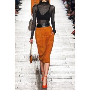 BOTTEGA VENETA Suede Ovis Aries Leather A-Line Trimmed Leather Belt Skirt 40